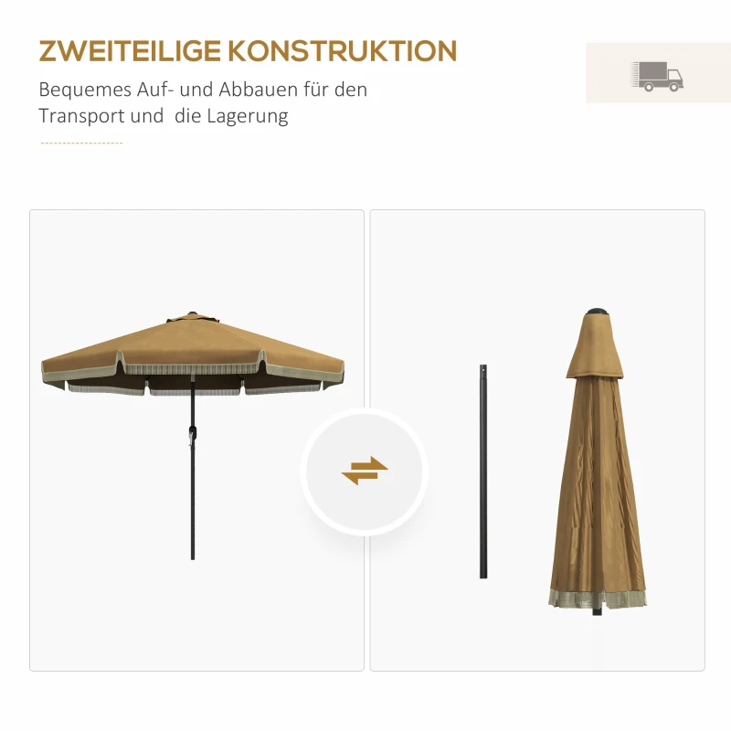 Outsunny Sonnenschirm mit Fransendekor, Ø265 cm, neigbar, zweiteiliger Metallmast, Windhaube, Khaki/Schwarz