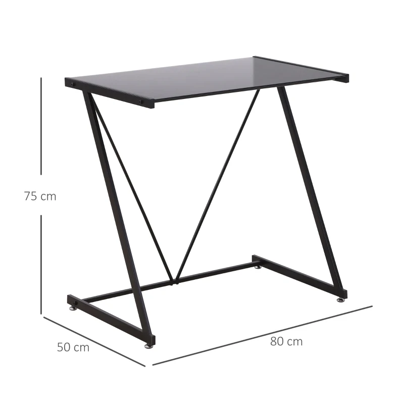 HOMCOM Escritorio Mesa de Ordenador 80x50x75 cm con Encimera de Vidrio Templado y Patas de Metal Carga 80 kg Estilo Moderno para Oficina Estudio Dormitorio Negro