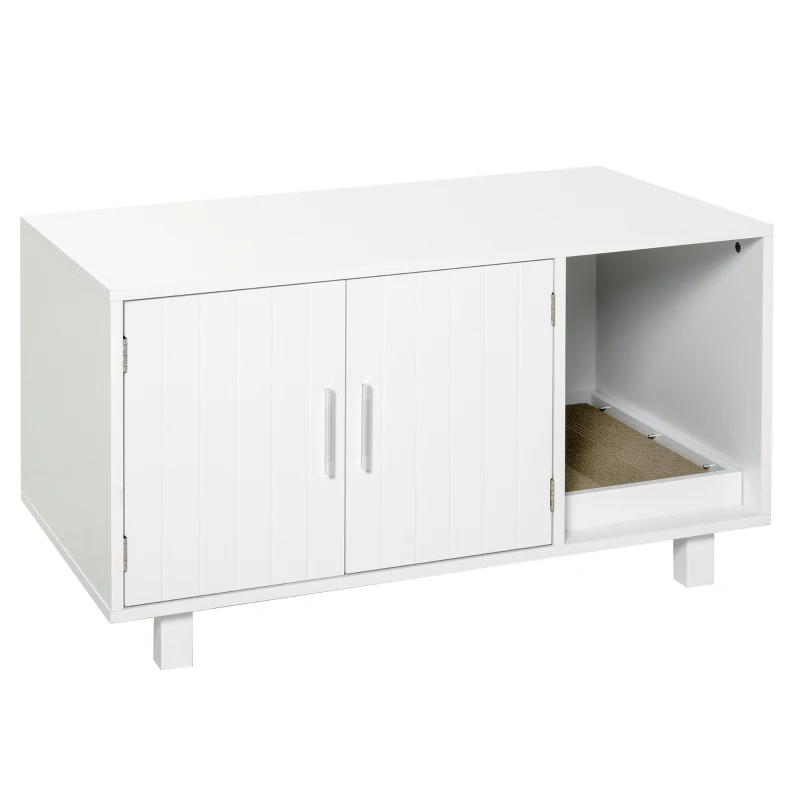 PawHut Maison de toilette pour chat, meuble 2 portes, compartiment griffoir, table d'appoint, 50,5H x 91L x 52l cm, MDF, blanc