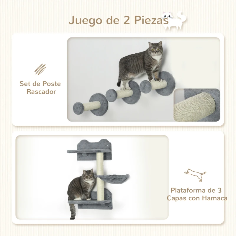 PawHut Juego de Rascador de Pared para Gatos con 3 Postes de Sisal Hamaca y 1 Plataforma para Saltar de 3 Nivele Gris