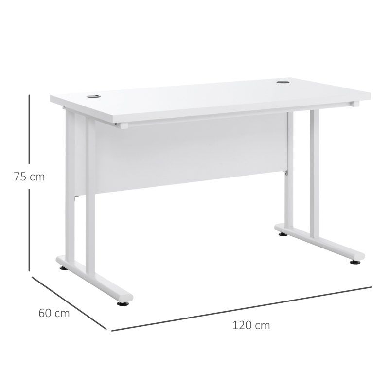 HOMCOM Escritorio Mesa de Ordenador Moderna con 2 Orificios para Cables con Pies Ajustables Mesa Multifuncional para Oficina Estudio 120x60x75 cm Blanco