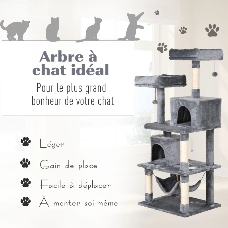 PawHut Arbre à chats multi-équipements griffoirs grattoirs plateformes niches hamac paniers jouets suspendus dim. 60L x 50l x 145H cm gris foncé