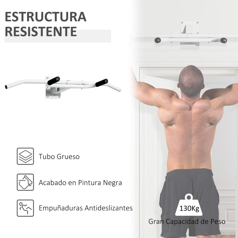 HOMCOM Barra de Dominadas de Pared Pull-Up Bar Barra de Tracción Multifuncional para Entrenamiento Fitness en Gimnasio Casa Carga 130 kg Acero 118x44x20 cm Blanco