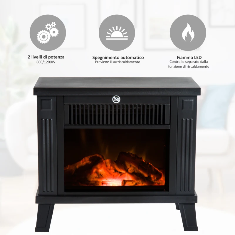 HOMCOM Camino Elettrico da Terra Moderno Potenza 600W/1200W con Effetto Fiamma 34 x 17 x 31cm Nero