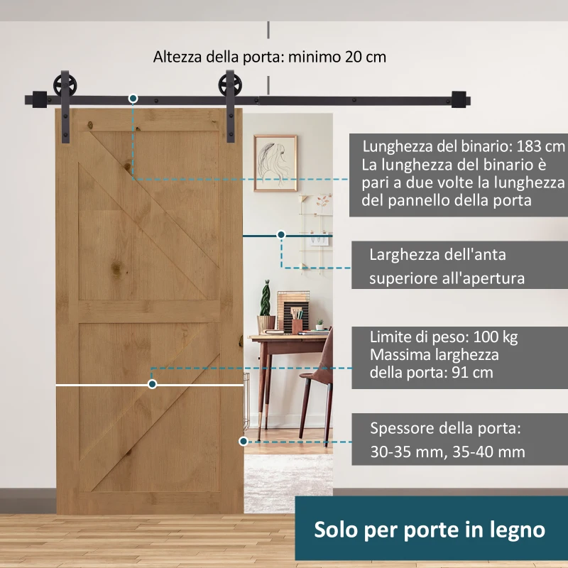 HOMCOM Kit Porta Scorrevole 100kg max in Acciaio con Binario, Ganci, Fermi, Viti e Bulloni, 183x4x0.6 cm