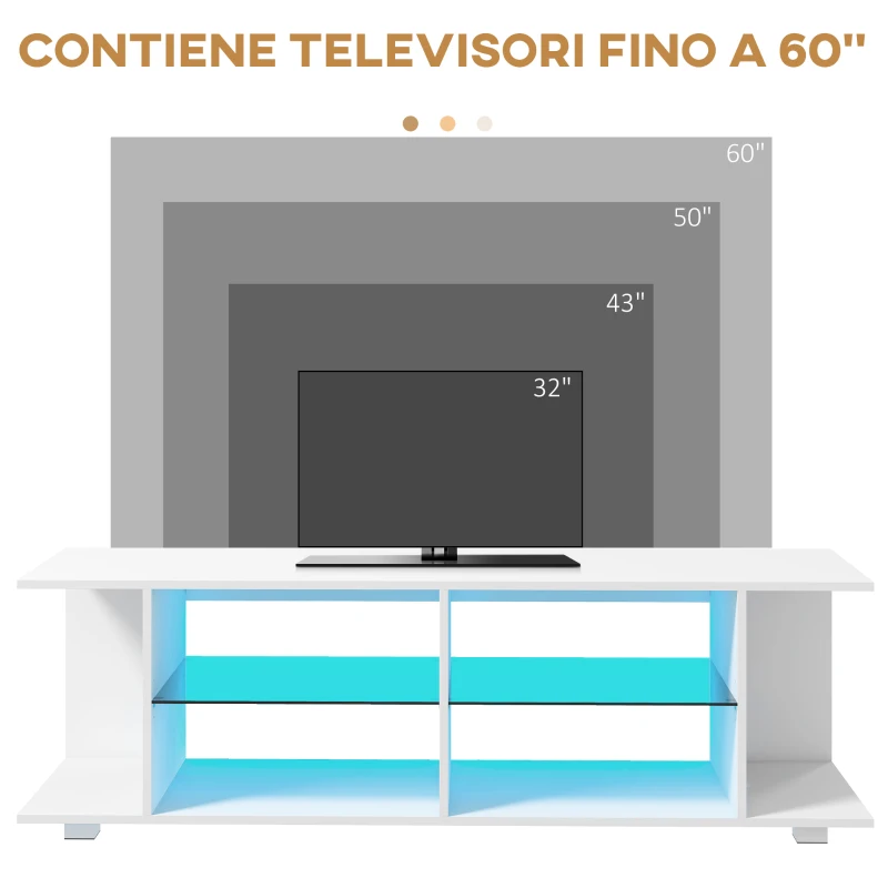 HOMCOM Mobile TV 60" con Luci a 12 Colori e 2 Ripiani Regolabili, in Truciolato e Vetro, 144.8x40x45 cm, Bianco