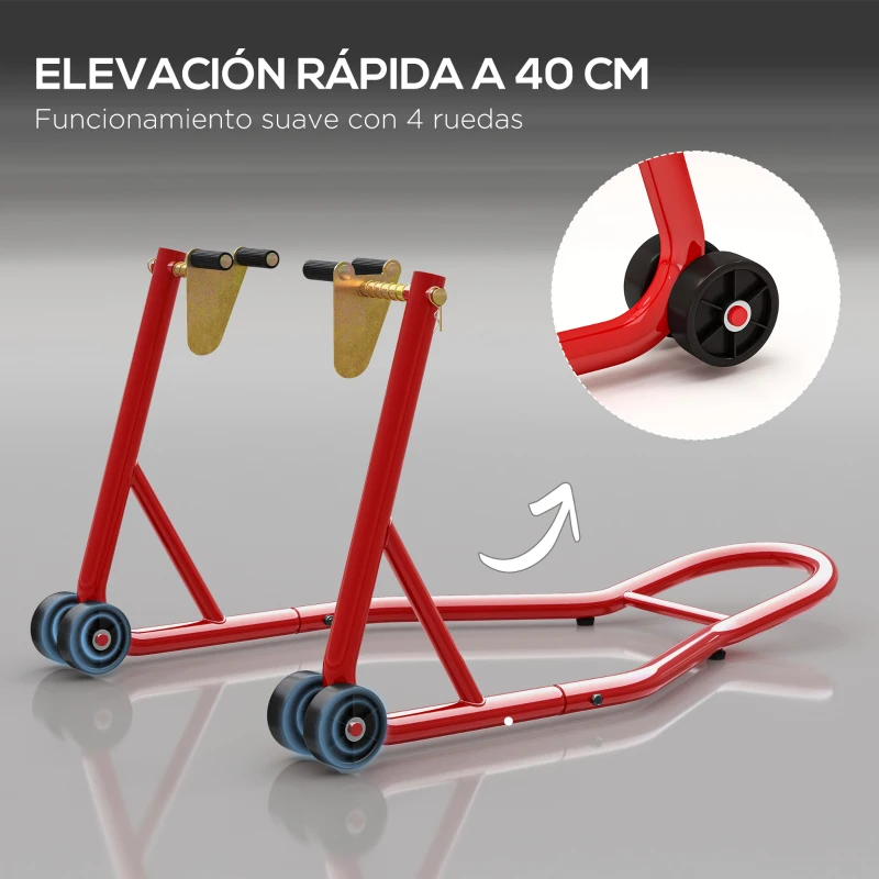 HOMCOM Caballete Elevador Universal tipo Soporte Delantero de Moto Portátil y Móvil de Acero con Ruedas para Reparar y Aparcar Color Rojo 80x50x40 cm