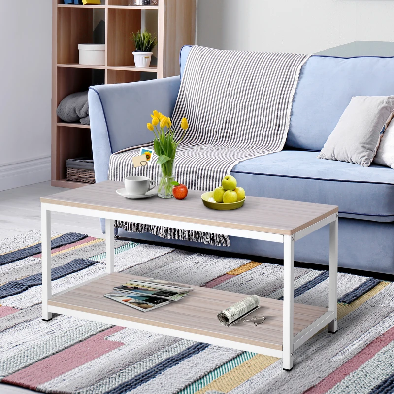 HOMCOM Table basse rectangulaire style industriel avec étagère 100L x 40l x 45H cm MDF E1 beige blanc