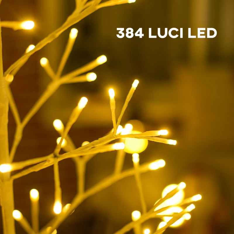 HOMCOM Albero di Natale Artificiale con 384 Luci LED Bianche e Rami Pieghevoli, in PP e Acciaio, Ø20x180 cm, Bianco