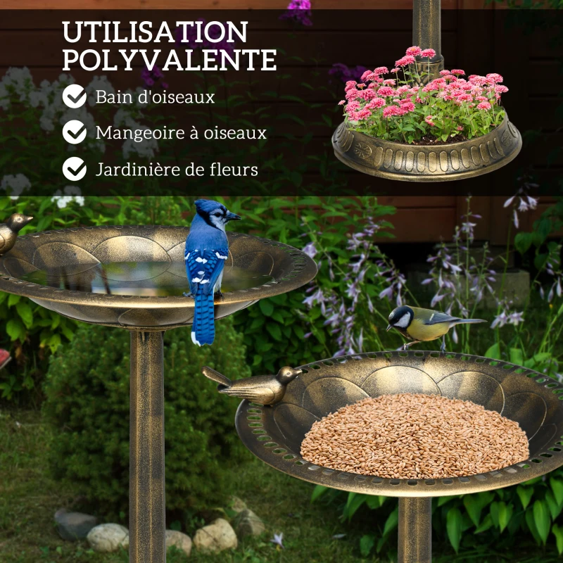 Outsunny Bain d'oiseaux Abreuvoir, mangeoire pour Oiseaux jardinière 2 en 1 dim. Ø 50 x 72H cm polypropylène Bronze Antique
