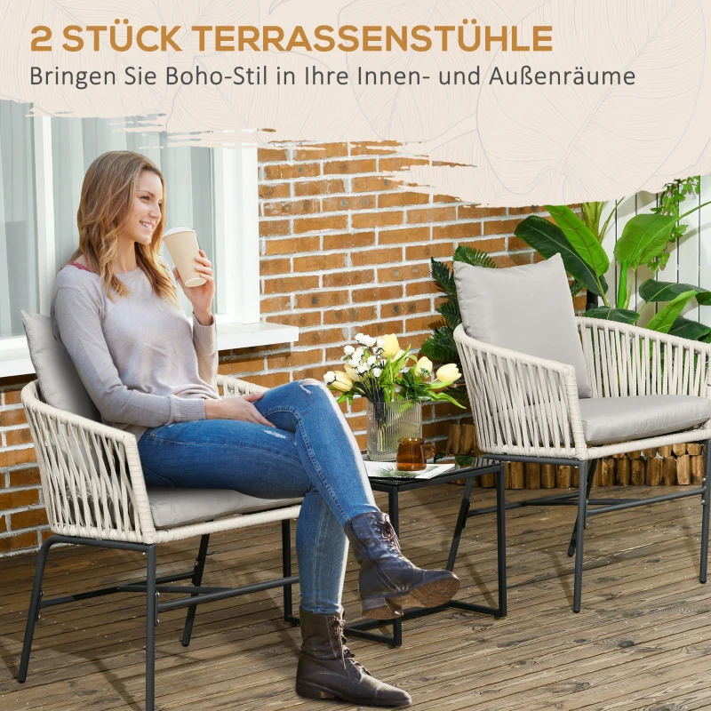 Outsunny Terrassenstuhl 2er-Set, Boho-Stil, bequeme Sitzschale, Sitzauflagen, waschbarer Bezug, Metallrahmen, Beige