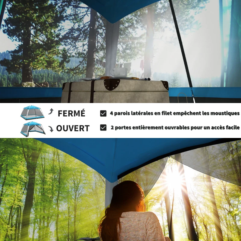 Outsunny Tente de camping familiale - tente dôme 8 personnes tente dôme étanche légère ventilée facile à monter avec sac de transport 4 parois en maille - dim. 360L x 360l x 220H cm bleu clair