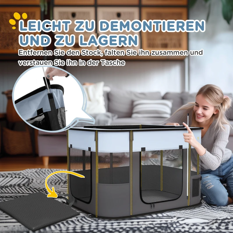 PawHut Spielgehege für Haustiere, faltbar, mit Aufbewahrungstasche, für Welpen und Kätzchen, drinnen und draußen, Grau(m-6)