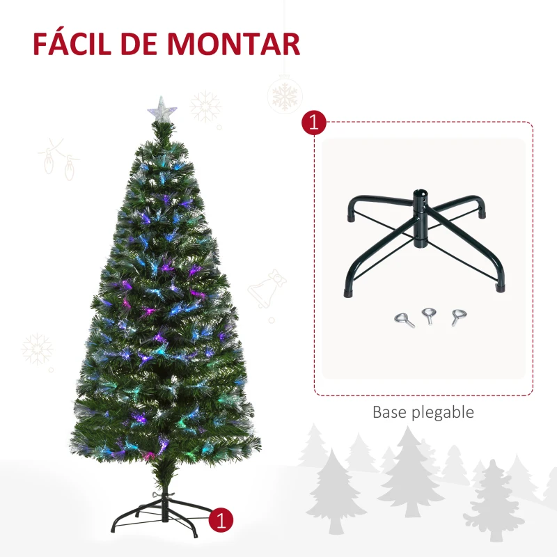 HOMCOM Árbol de Navidad 150cm Artificial Árboles con 180 Luces LED multicolor y Estrella Decorativa Brillante Árbol con Soporte Fibra Óptica
