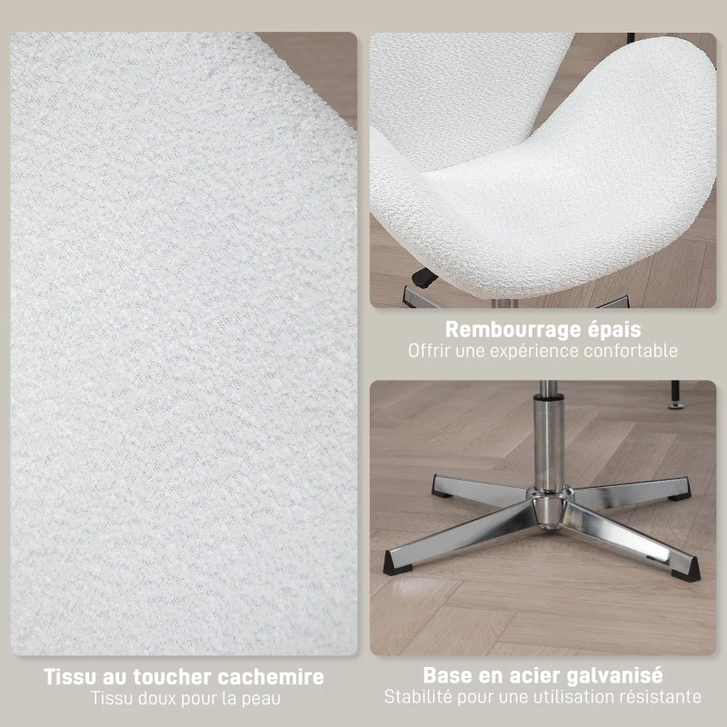HOMCOM Fauteuil pivotant hauteur réglable revêtement tissu bouclette pour salon chambre bureau, blanc