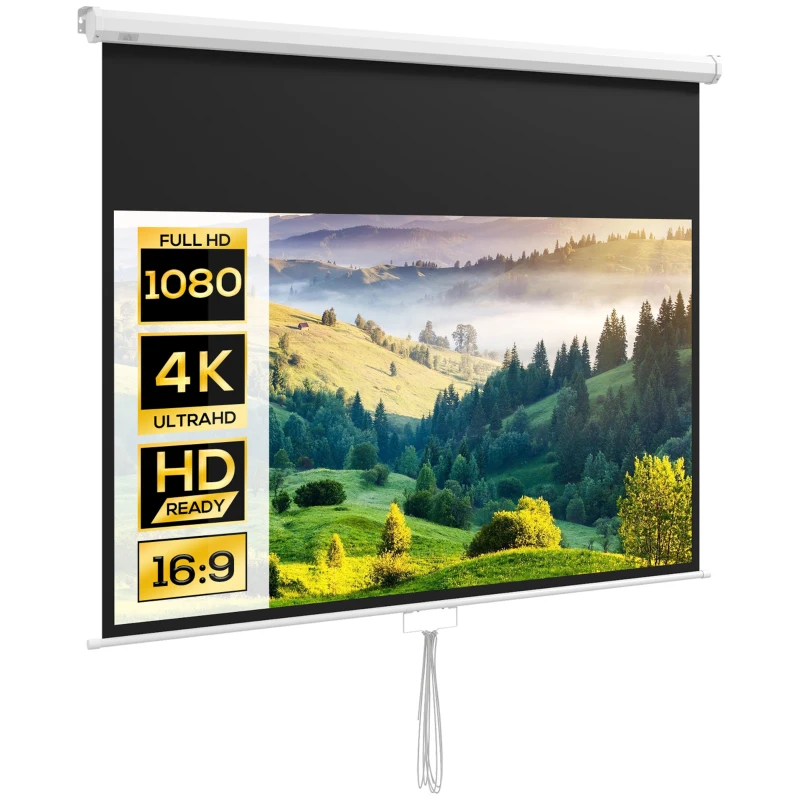 HOMCOM Beamer-Leinwand, inkl. Ständer, Wand- oder Deckenmontage, 16:9 Seitenverhältnis, 172x96 cm, Weiß(m-10)