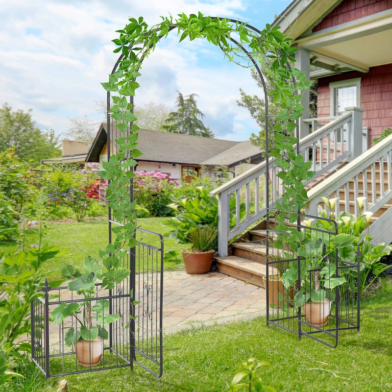 Outsunny Metal Garden Arbor Arch with Double Doors, 2 Side Planter Baskets, Climbing Vine Frame, Black