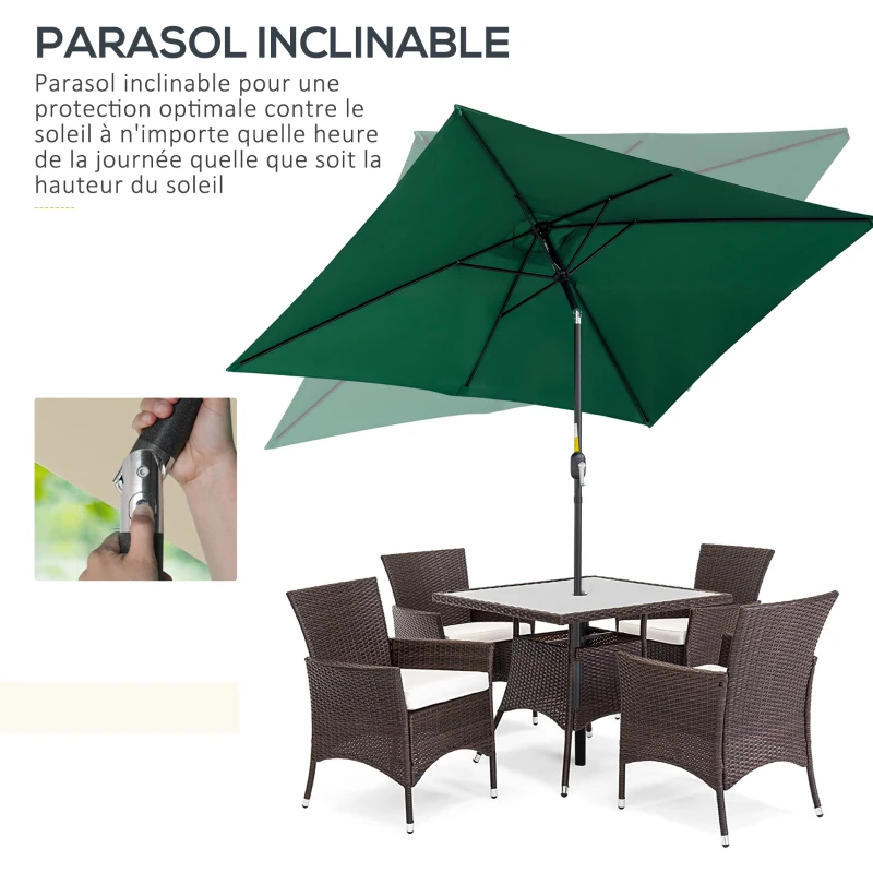 Outsunny Parasol inclinable rectangulaire aluminium polyester haute densité 3 x 2 m Vert