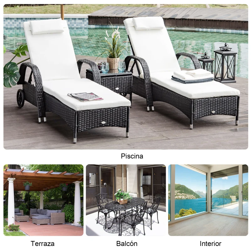 Outsunny Conjunto de 2 Tumbonas con Cojín y Respaldo Ajustable 5 Posiciones y 1 Mesita de Ratán Sintético Color Negro