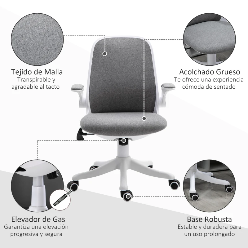 Vinsetto Silla Giratoria de Oficina Silla de Escritorio Basculante Altura Ajustable Reposabrazos Elevable 62,5x60x94-104 cm Gris