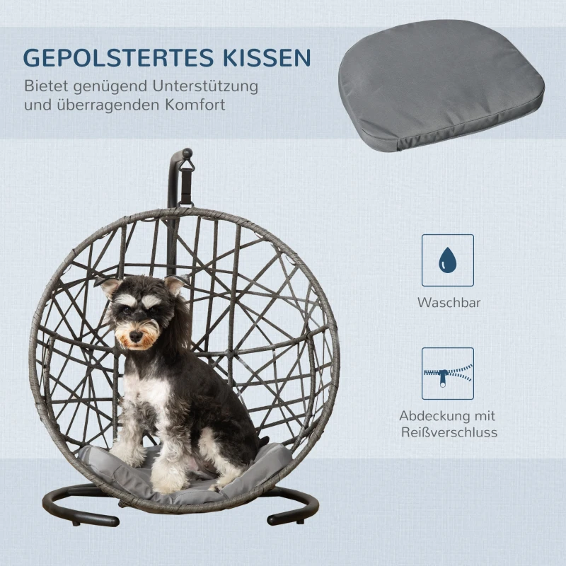 PawHut Rattan Hundehütte mit Kissen Hundehaus Haustierbett Katzenhaus Katzenkorb Katzenhöhle Hängesessel Hängematte für Hunde Katzen Outdoor Grau+Schwarz 60 x 53 x 76 cm