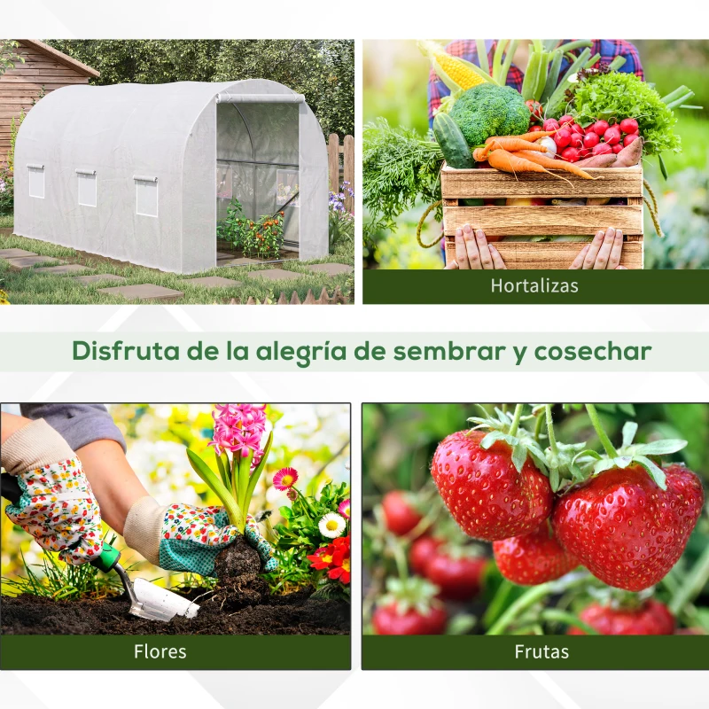 Outsunny Invernadero de Túnel 3,5x2x2 m con 6 Ventanas de Malla y Puerta Enrollable con Cremallera Anti-UV Blanco