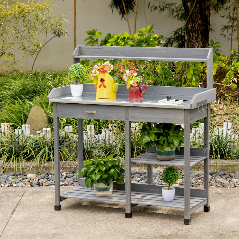 Outsunny Garden Potting Table with Storage, Workbench, Metal Top, Storage Shelves & Hooks for Patio, Courtyard, Wooden