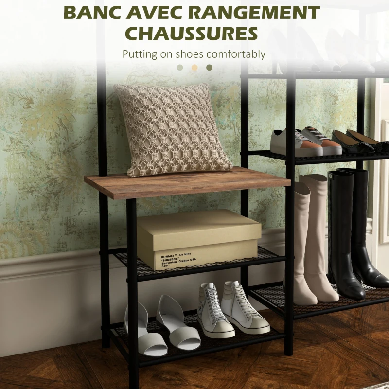 HOMCOM Meuble d'entrée 2 en 1 design industriel porte-manteaux et étagères à chaussures en acier 92,5 x 28,2 x 182 cm noir