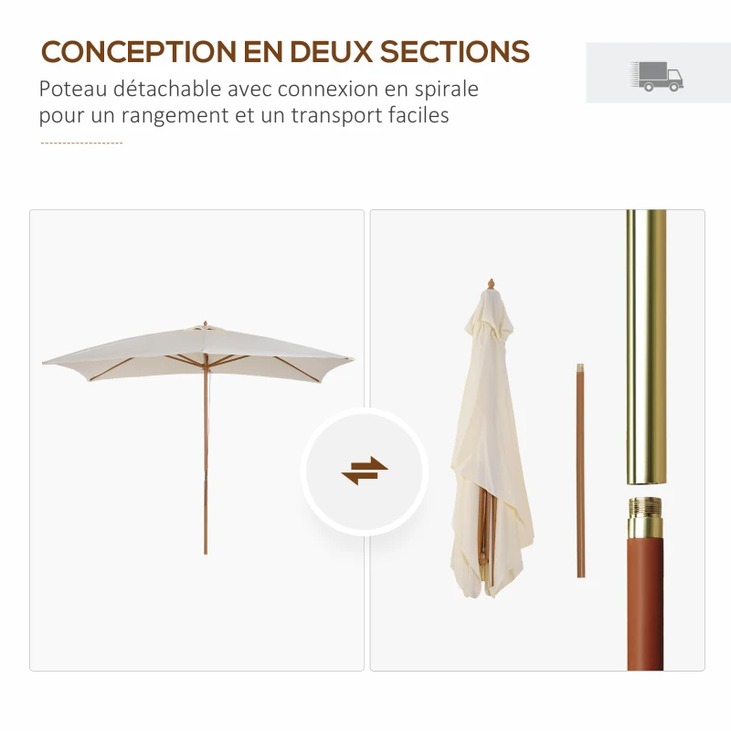 Outsunny Parasol Droit parasol de jardin rectangulaire double toit Bois Polyester Haute densité 3 x 2 m crème