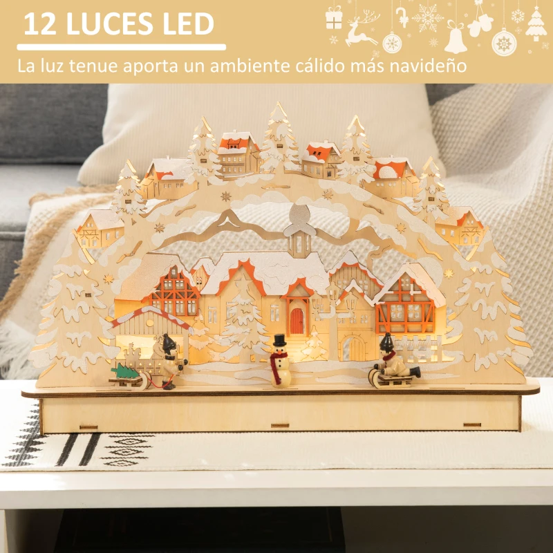 HOMCOM Escena Navideña con 12 Luces Pueblo Navideño Iluminado Decoración de Navidad de Sobremesa 45x7x28 cm Natural