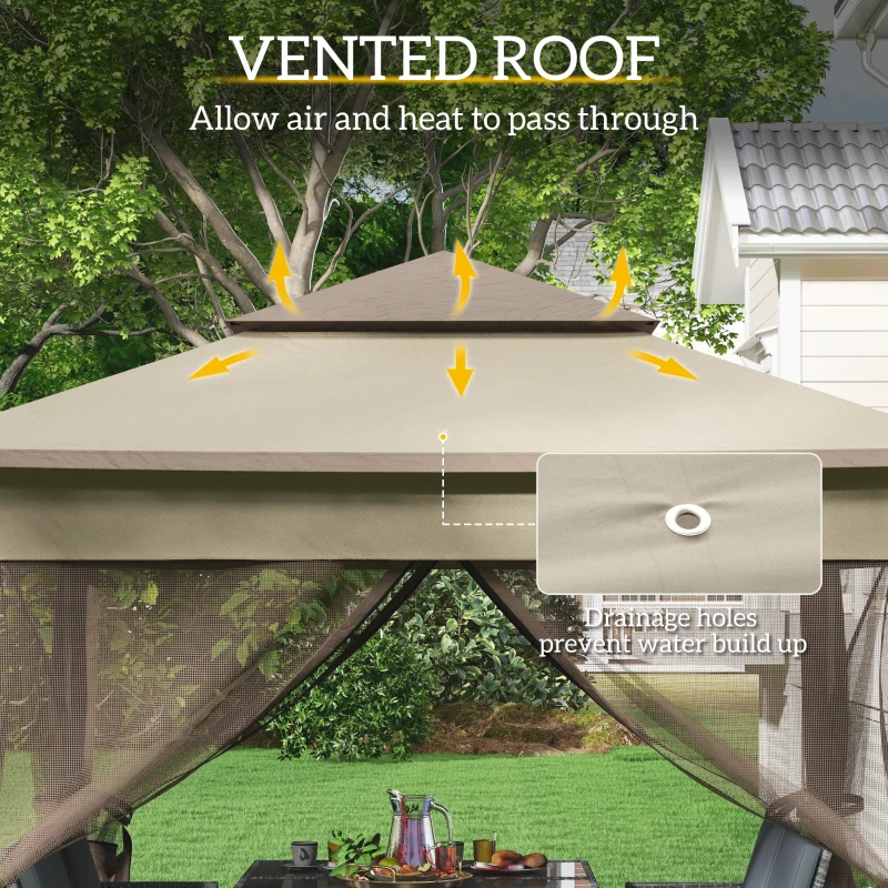 Outsunny 3 x 3(m) Pop Up Gazebo, Marquee Party Tent with Double Tier Roof, Netting and Carry Bag, Event Shelter for Outdoor Patio, Khaki