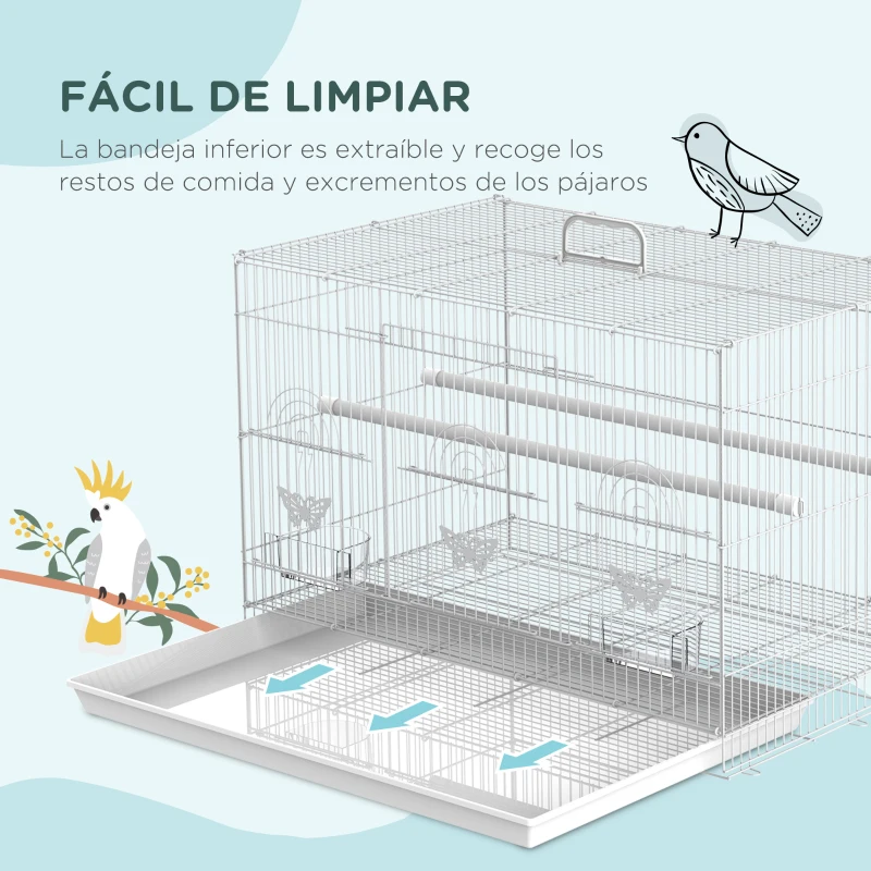 PawHut Jaula para Pájaros 60x41x41 cm Pajarera de Metal con Comederos 2 Perchas 3 Puertas y Asa de Transporte para Pájaros Pequeños Canarios Cotorras Blanco