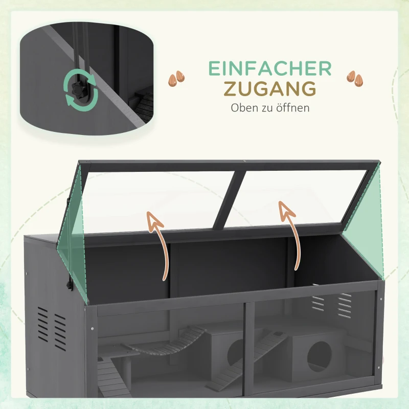 PawHut Kleintierkäfig Nagerkäfig, mit Zubehör, Tannenholz,100 cm x 52 cm x 50 cm, Grau