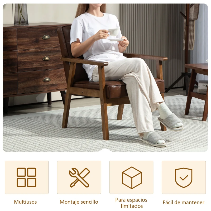 HOMCOM Butaca de Salón Tapizada en PU con Reposabrazos y Marco de Madera de Caucho Carga 120 kg Marrón