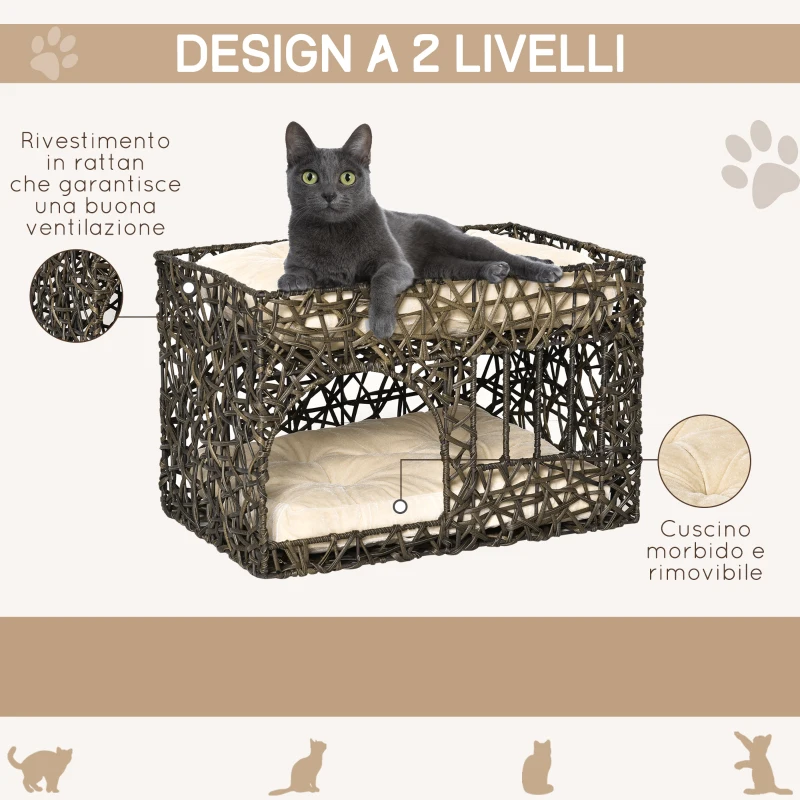 PawHut Cuccia per Gatti a 2 Livelli con 2 Cuscini, Lettino per Gatti Adulti fino 5kg in Vimini Sintetico, 56x41x45cm, Marrone Scuro