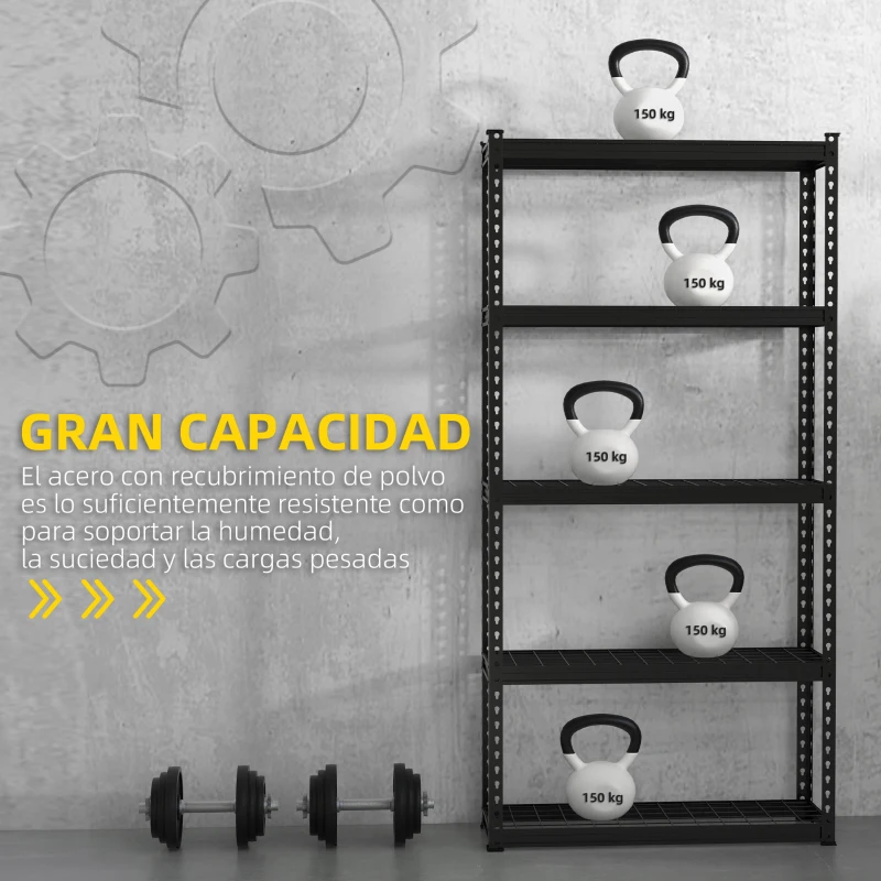 HOMCOM Estantería Almacenamiento de 5 Niveles Estantería de Garaje de Acero Carga 750 kg Estantes Ajustables 90x30x182 cm Negro