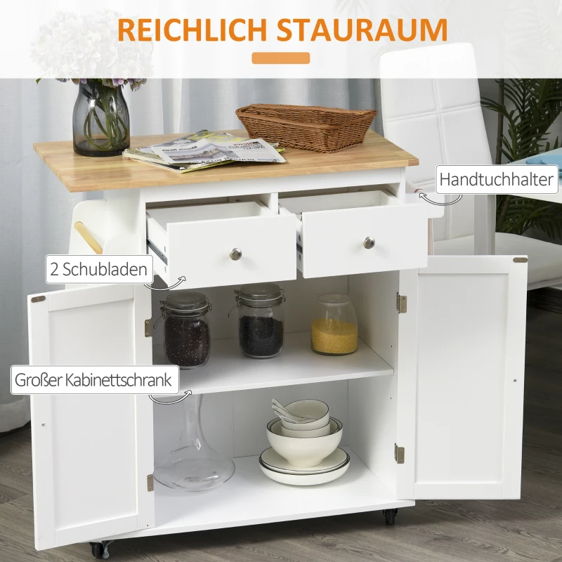 HOMCOM Küchenwagen mit Rollen, Rollwagen mit Seitenregal Küchentrolley, Servierwagen mit Gewürzregal, Küchenhilfe, P2 MDF, Gummiholz, Weiß+Natur, 89 x 45 x 89,5 cm