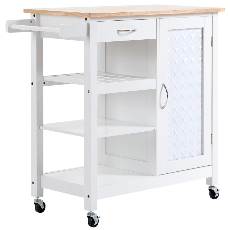 HOMCOM Kitchen Trolley, Kitchen Island on Wheels with Embossed Door Panel, Utility Kitchen Cart with 3 Storage Shelves, White
