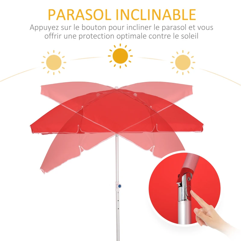 Outsunny Parasol de plage parasol inclinable octogonal Ø 180 cm tissu polyester haute densité anti-UV hauteur réglable mât aluminium sac de transport inclus rouge