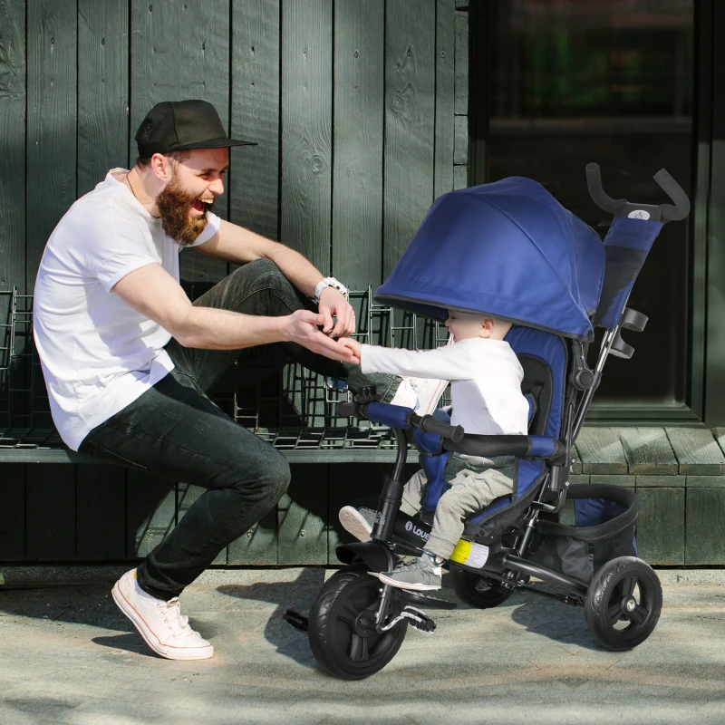 HOMCOM Triciclo para Bebés de +12 Meses con Mango de Empuje Telescópico y Desmontable Bolso para Mamá y Portabotellas Azul