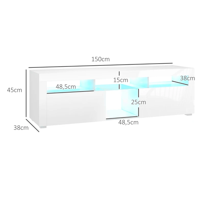 HOMCOM Meuble banc TV, meuble de télévision, jusqu'à 55 pouces, avec LED, étagères et placards, 150 x 38 x 45 cm, blanc laqué