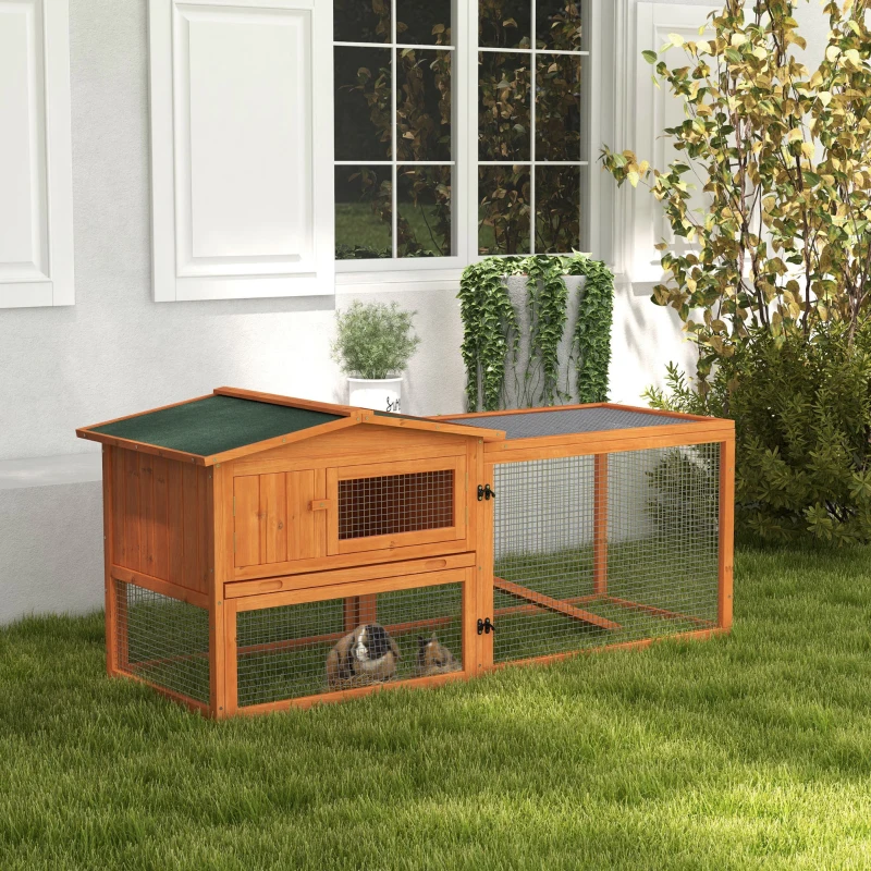 PawHut Rabbit Hutch with Run Wooden Guinea Pig Hutch Outdoor Bunny Cage Hide House with Sliding Tray, Hay Rack, Ramp, 156 x 58 x 68cm, Orange