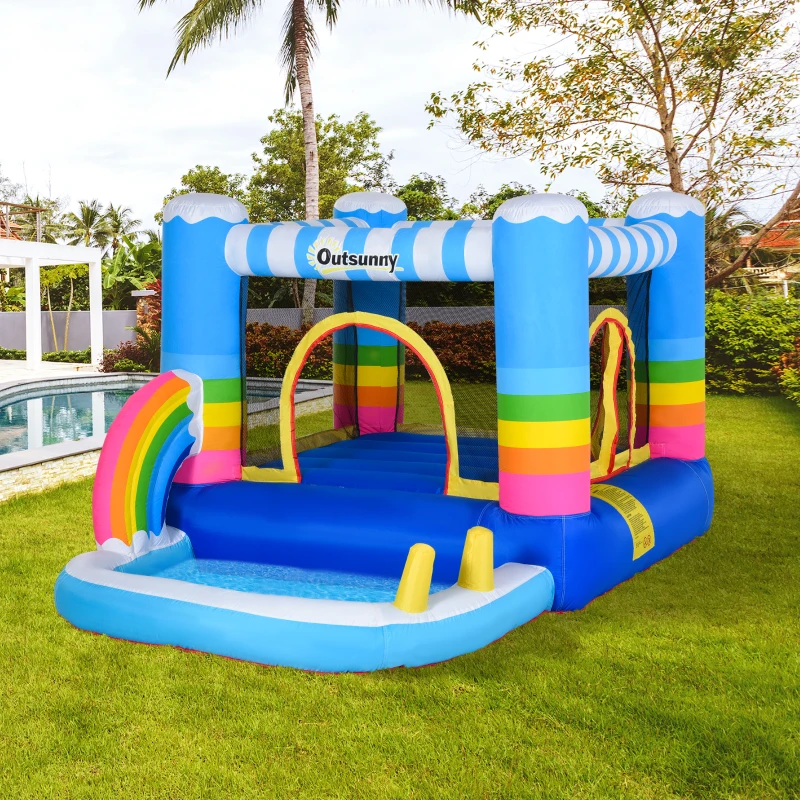 Outsunny Hüpfburg mit Gebläse Rutsche für 3 Kinder aufblasbare Springburg mit Wasserspielcenter für 3-8 Jahre Kinder Outdoor Wasserpark für Kinder Wasserhüpfburg Garten mehrfarbig 280 x 170 x 155 cm