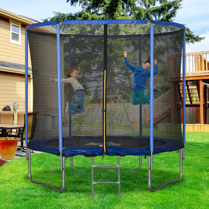 HOMCOM Trampolino Elastico da Esterno, Tappeto Elastico per Bambini e Adulti da Giardino con Rete di Sicurezza, Scaletta e Bordo Imbottito, Giochi da Giardino e Casa, Ø244x240cm, Blu e Nero