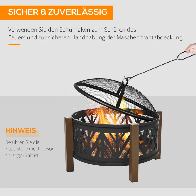 Outsunny 2-in-1 Feuerschale Feuerkorb Feuerstelle mit Funkenschutz Grillrost Garten BBQ Schwarz+Braun Ф78 x 60H cm