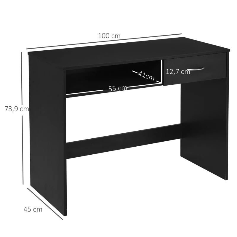 HOMCOM Schreibtisch mit Regal Schublade Computertisch Bürotisch Arbeitstisch großer Stauraum industrieller Stil E1-Spanplatte Metall Schwarz 100 x 45 x 73,9 cm