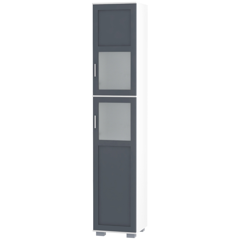 kleankin Armario Alto de Baño Mueble Columna de Baño con 2 Puertas de Vidrio Templado y Estantes Ajustables 37x35x190 cm Blanco y Gris