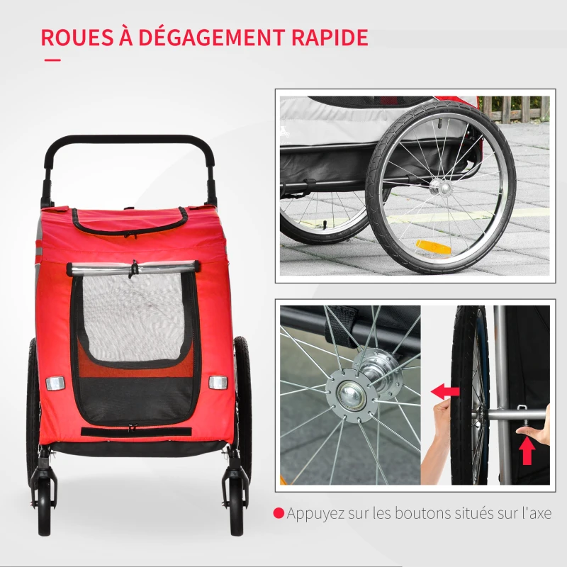 PawHut Remorque à vélo pour chien convertible jogger 2 en 1 pour animaux avec drapeau réflecteurs - rouge