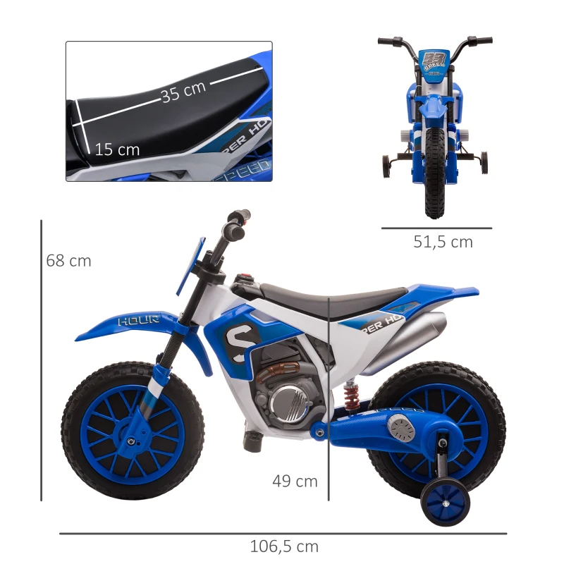 HOMCOM Moto Cross électrique Enfant 3 à 5 Ans 12 V 3-8 Km/h avec roulettes latérales Amovibles dim. 106,5L x 51,5l x 68H cm Bleu(m-3)