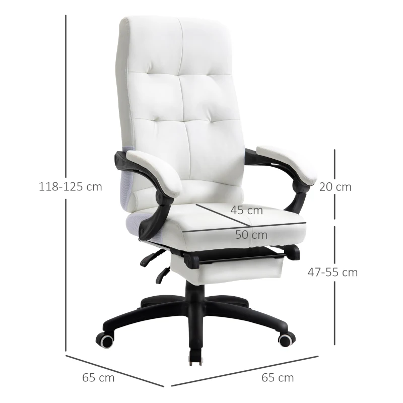 Vinsetto Silla de Oficina Giratoria Silla de Escritorio Reclinable Silla de Estudio Tapizada de PU con Altura Ajustable Reposabrazos Reposapiés 65x65x118-125 cm Blanco